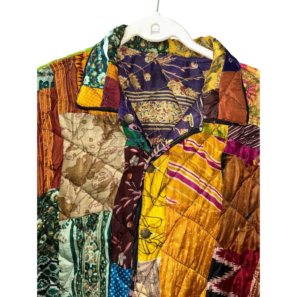 ArtEZen Boho Quilted Patchwork Reversible Jacket Multi 100% Silk Hippie Coat - Picture 3 of 14